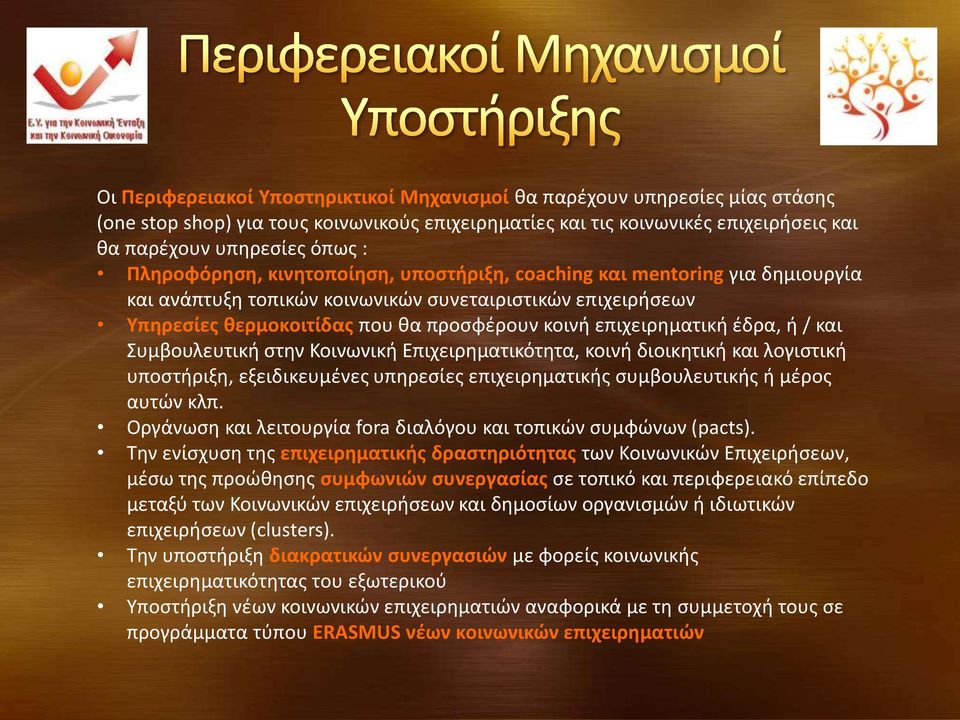 επιχειρηματική έδρα, ή / και Συμβουλευτική στην Κοινωνική Επιχειρηματικότητα, κοινή διοικητική και λογιστική υποστήριξη, εξειδικευμένες υπηρεσίες επιχειρηματικής συμβουλευτικής ή μέρος αυτών κλπ.