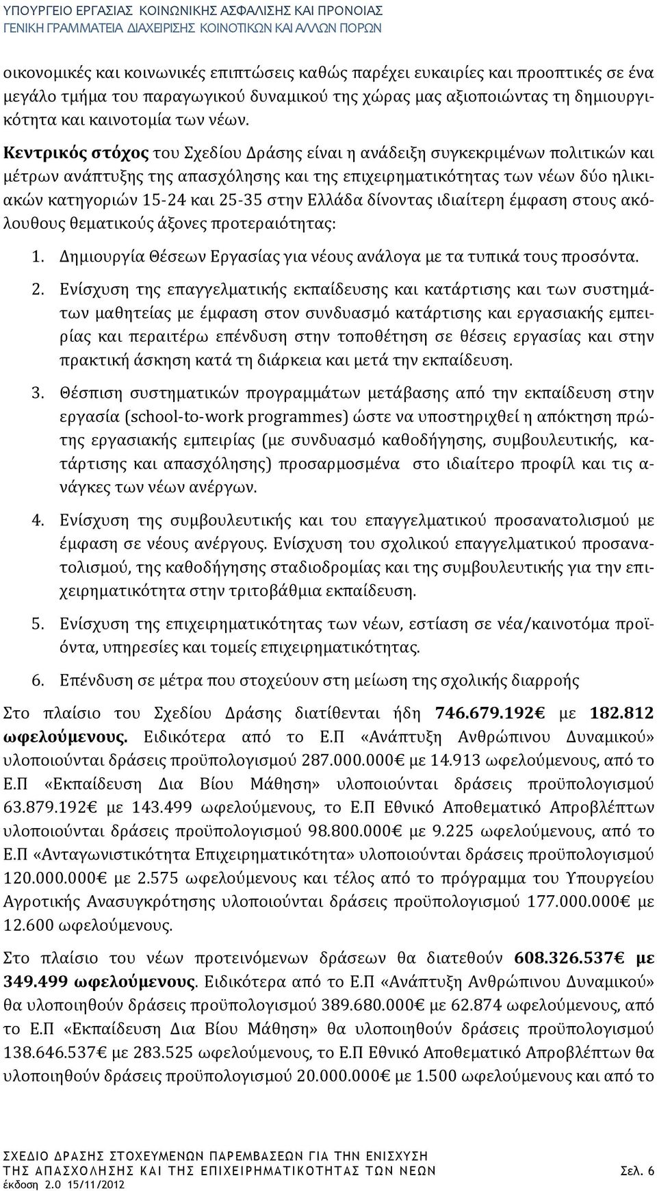 Ελλάδα δίνοντας ιδιαίτερη έμφαση στους ακόλουθους θεματικούς άξονες προτεραιότητας: 1. Δημιουργία Θέσεων Εργασίας για νέους ανάλογα με τα τυπικά τους προσόντα. 2.