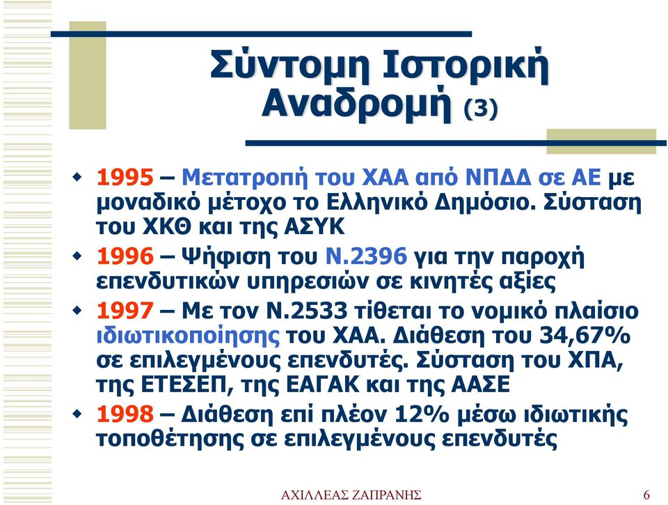 2533 τίθεται το νομικό πλαίσιο ιδιωτικοποίησης του ΧΑΑ. Διάθεση του 34,67% σε επιλεγμένους επενδυτές.