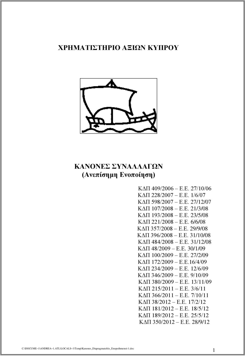 Ε. 30/1/09 ΚΔΠ 100/2009 Ε.Ε. 27/2/09 ΚΔΠ 172/2009 Ε.Ε.16/4/09 ΚΔΠ 234/2009 Ε.Ε. 12/6/09 ΚΔΠ 346/2009 Ε.Ε. 9/10/09 ΚΔΠ 380/2009 Ε.Ε. 13/11/09 ΚΔΠ 215/2011 Ε.