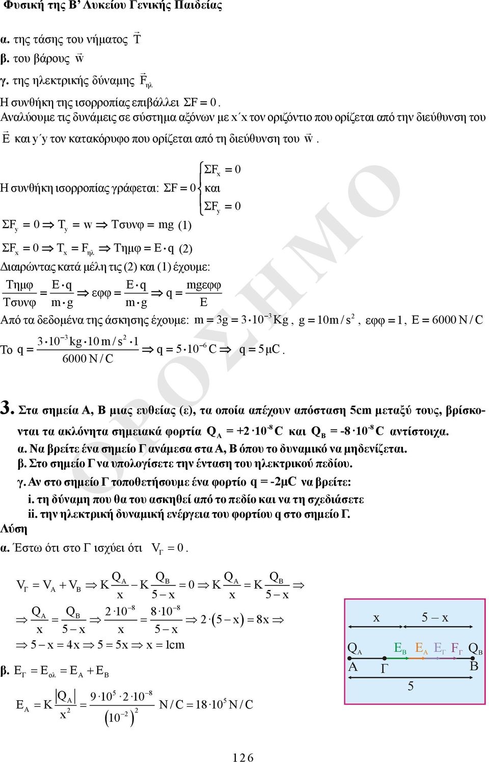 ΣFx 0 Η συνθήκη ισορροπίας γράφεται: ΣF 0 και ΣFy 0 ΣF 0 T w Tσυνφ mg (1) y y ΣFx 0 Tx F Tημφ Ε q () Διαιρώντας κατά μέλη τις () και (1) έχουμε: Tημφ Ε q Ε q mgεφφ εφφ q Tσυνφ m g m g Ε Από τα