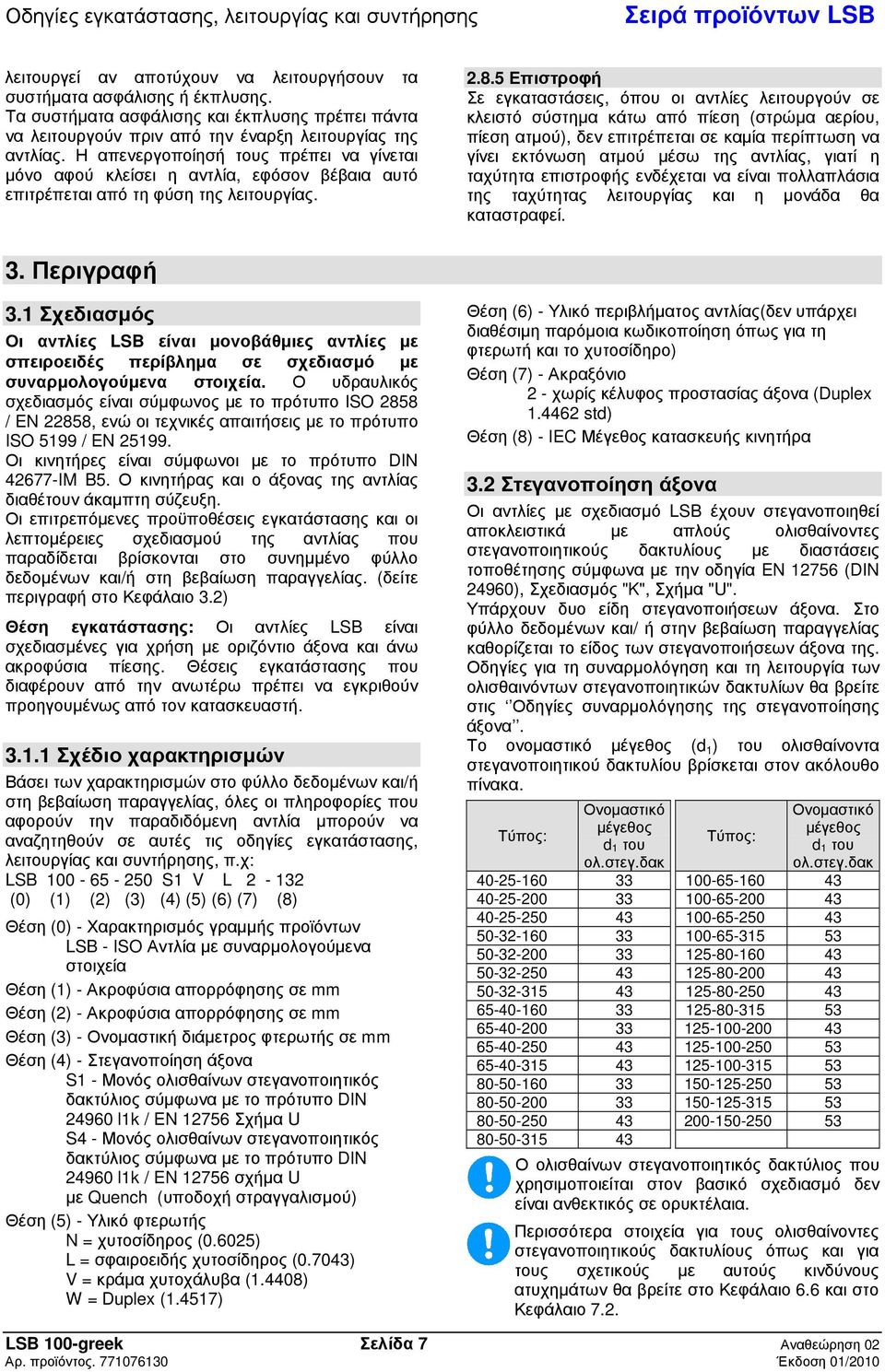5 Επιστροφή Σε εγκαταστάσεις, όπου οι αντλίες λειτουργούν σε κλειστό σύστηα κάτω από πίεση (στρώα αερίου, πίεση ατού), δεν επιτρέπεται σε καία περίπτωση να γίνει εκτόνωση ατού έσω της αντλίας, γιατί