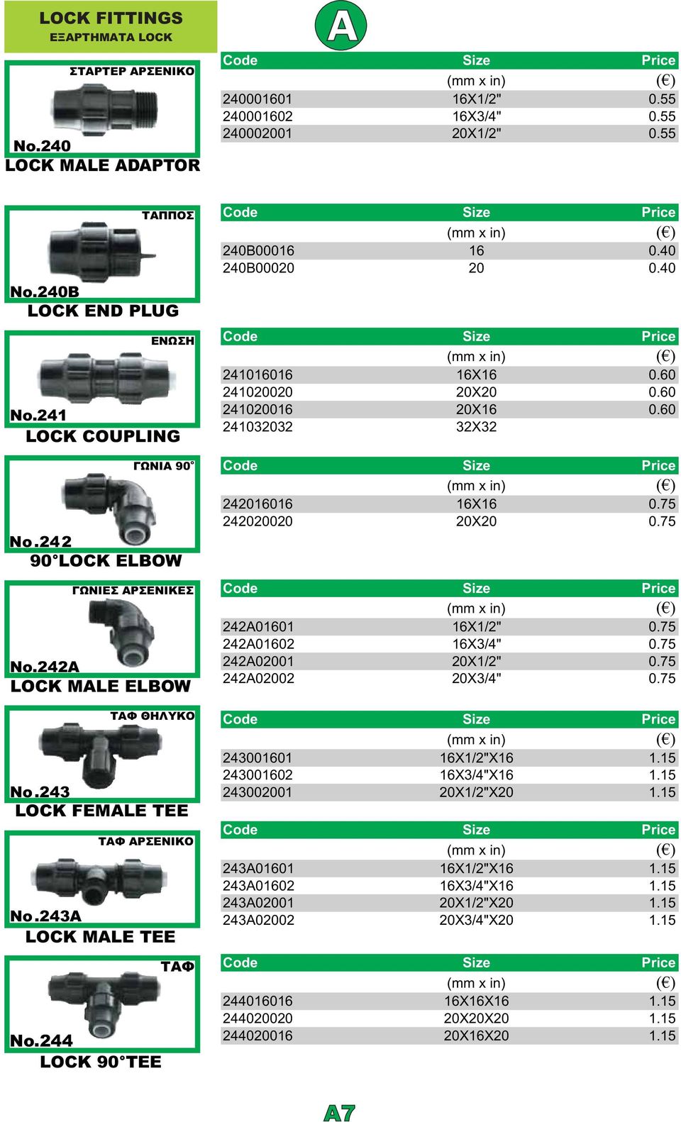 242A LOCK MALE ELBOW ΤΑΠΠΟΣ (mm x in) ( ) 240B00016 16 0.40 240B00020 20 0.40 (mm x in) ( ) 242016016 16X16 0.75 242020020 20X20 0.75 ΓΩΝΙΕΣ ΑΡΣΕΝΙΚΕΣ (mm x in) ( ) 242A01601 16X1/2" 0.