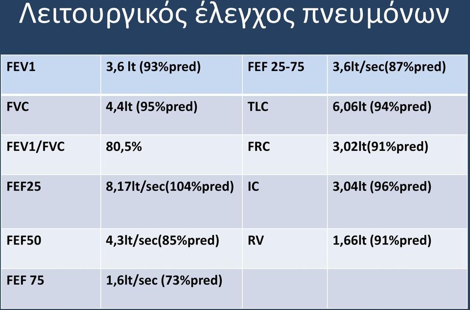 80,5% FRC 3,02lt(91%pred) FEF25 8,17lt/sec(104%pred) IC 3,04lt
