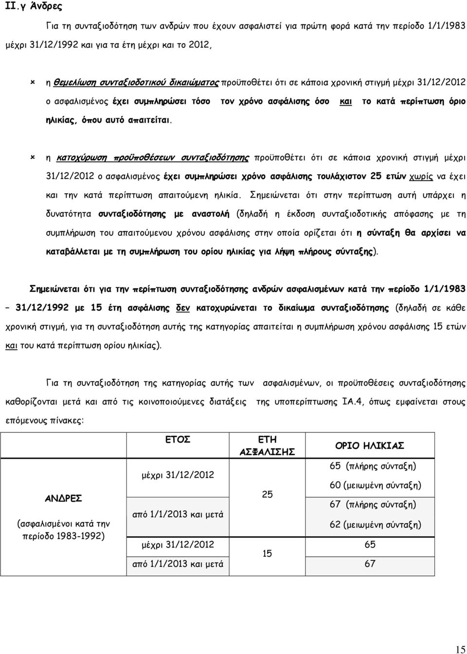 η κατοχύρωση προϋποθέσεων συνταξιοδότησης προϋποθέτει ότι σε κάποια χρονική στιγµή µέχρι 31/12/2012 ο ασφαλισµένος έχει συµπληρώσει χρόνο ασφάλισης τουλάχιστον 25 ετών χωρίς να έχει και την κατά