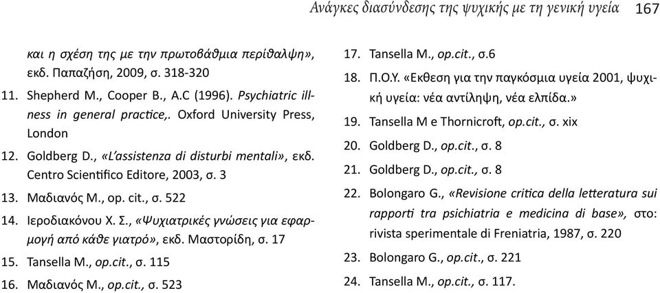 Ιεροδιακόνου Χ. Σ., «Ψυχιατρικές γνώσεις για εφαρμογή από κάθε γιατρό», εκδ. Μαστορίδη, σ. 17 15. Tansella M., op.cit., σ. 115 16. Μαδιανός Μ., op.cit., σ. 523 17. Tansella M., op.cit., σ.6 18. Π.Ο.Υ.