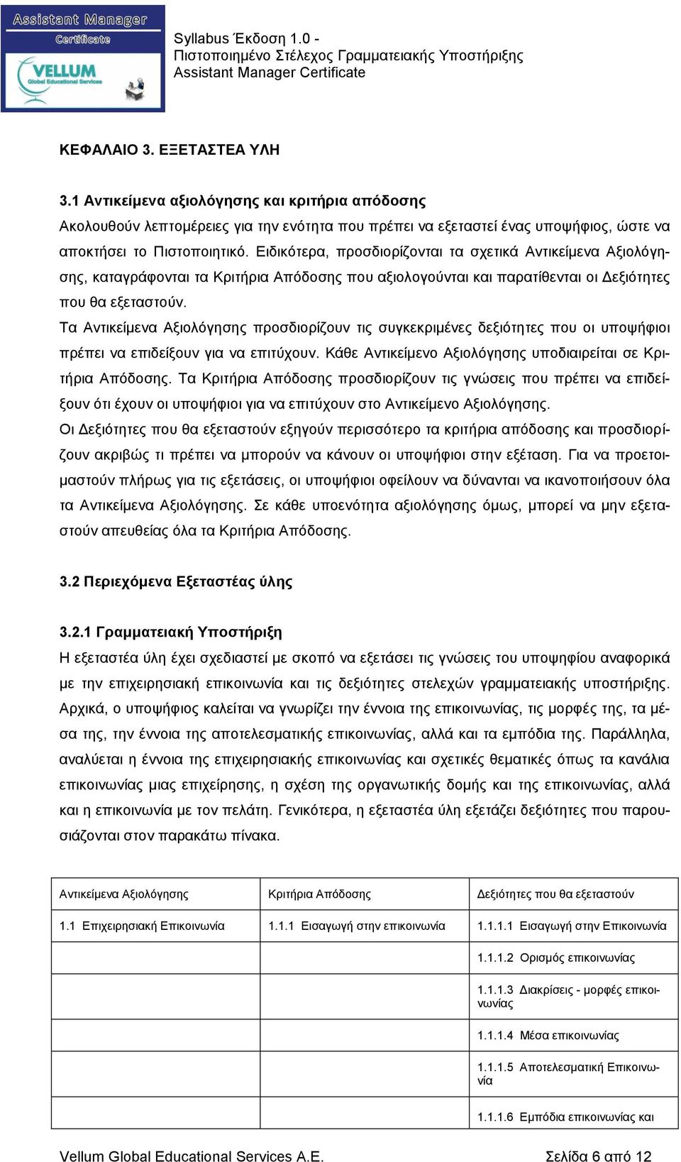 Τα Αντικείμενα Αξιολόγησης προσδιορίζουν τις συγκεκριμένες δεξιότητες που οι υποψήφιοι πρέπει να επιδείξουν για να επιτύχουν. Κάθε Αντικείμενο Αξιολόγησης υποδιαιρείται σε Κριτήρια Απόδοσης.