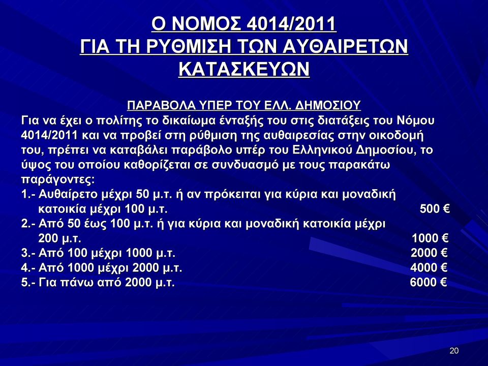 οικοδομή του, πρέπει να καταβάλει παράβολο υπέρ του Ελληνικού Δημοσίου, το ύψος του οποίου καθορίζεται σε συνδυασμό με τους παρακάτω παράγοντες: