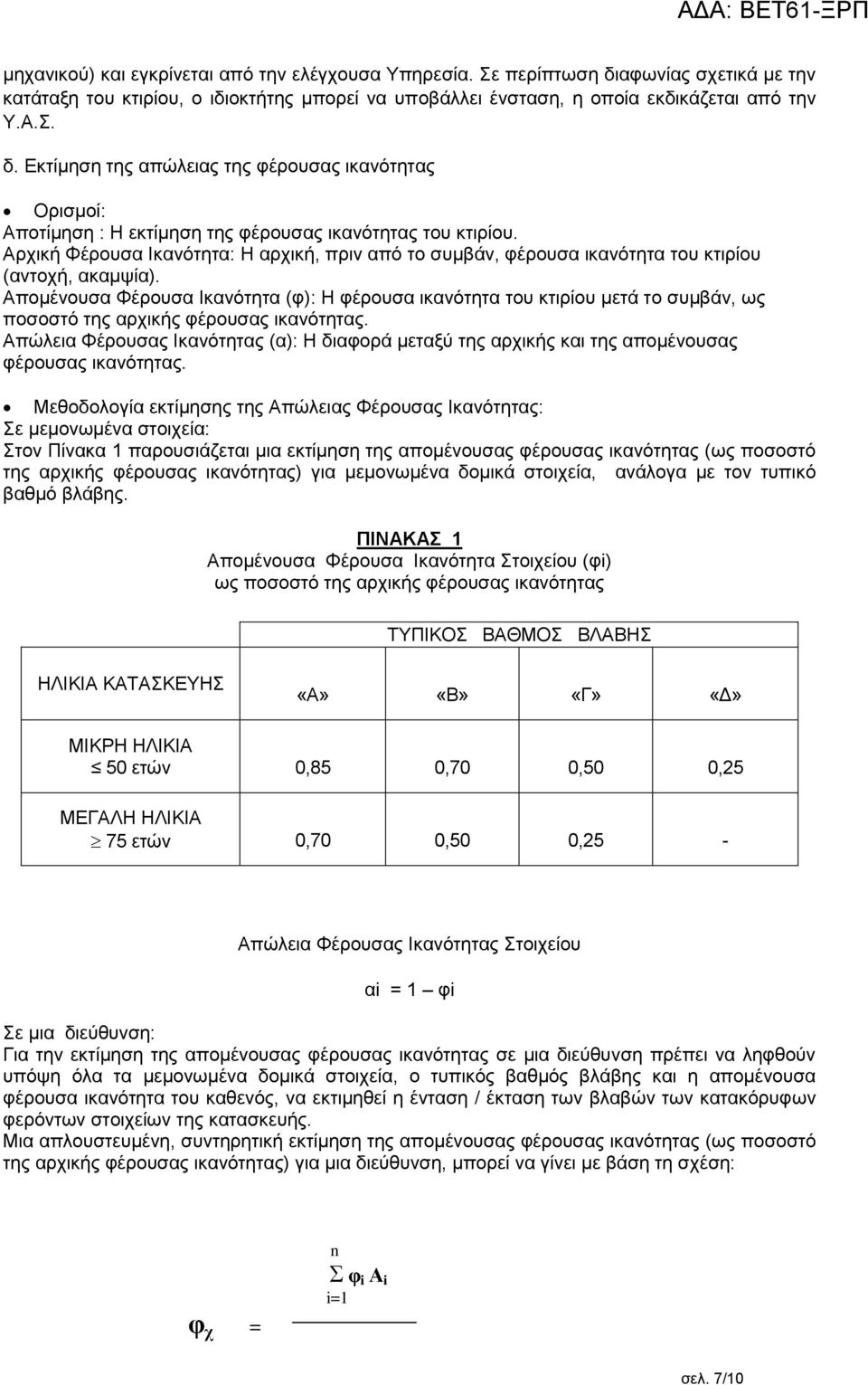 Απομένουσα Φέρουσα Ικανότητα (φ): Η φέρουσα ικανότητα του κτιρίου μετά το συμβάν, ως ποσοστό της αρχικής φέρουσας ικανότητας.