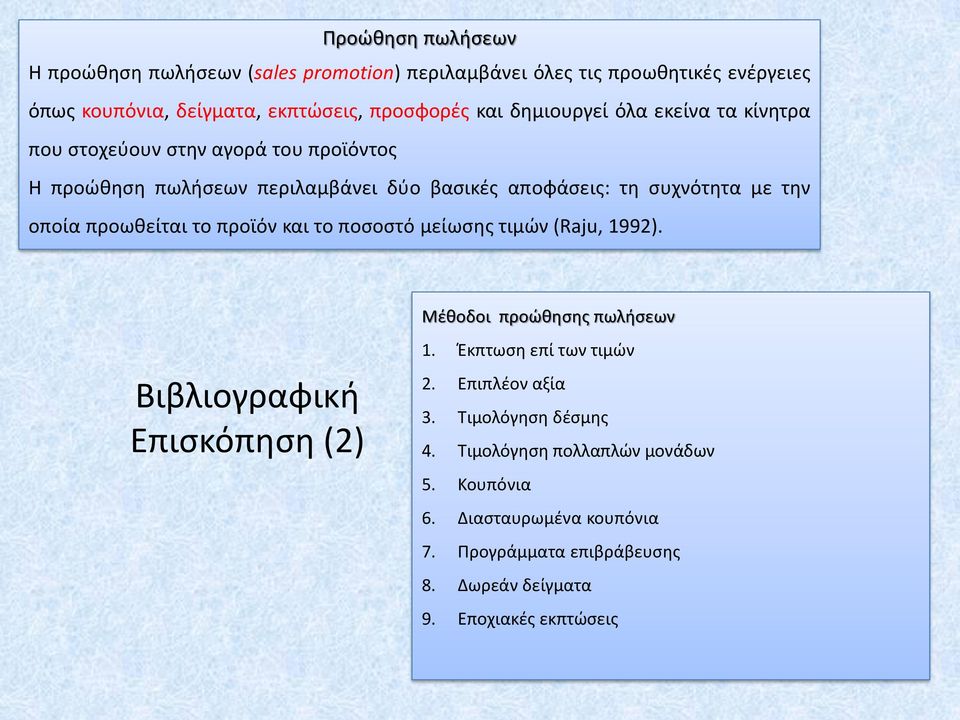 προωθείται το προϊόν και το ποσοστό μείωσης τιμών (Raju, 1992). Βιβλιογραφική Επισκόπηση (2) Μέθοδοι προώθησης πωλήσεων 1. Έκπτωση επί των τιμών 2.