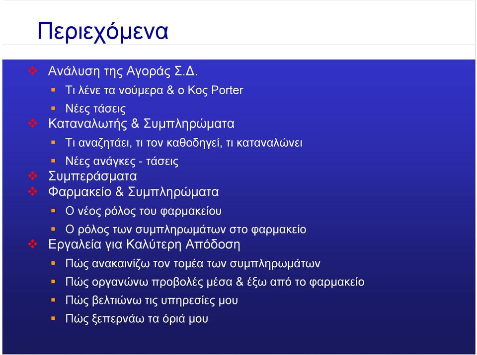 καταναλώνει Νέες ανάγκες - τάσεις Συµπεράσµατα Φαρµακείο & Συµπληρώµατα Ο νέος ρόλος του φαρµακείου Ο ρόλος των