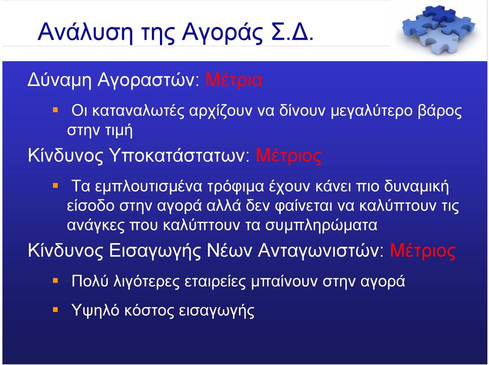 Υποκατάστατων: Μέτριος Τα εµπλουτισµένα τρόφιµα έχουν κάνει πιο δυναµική είσοδο στην αγορά αλλά