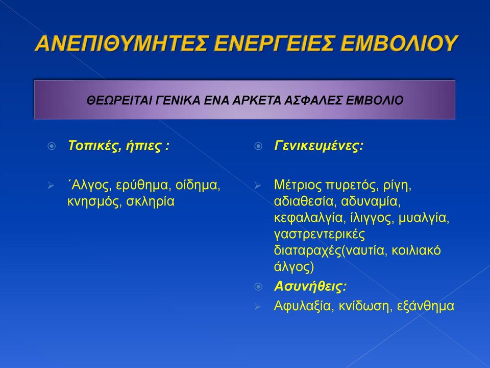 πυρετός, ρίγη, αδιαθεσία, αδυναμία, κεφαλαλγία, ίλιγγος, μυαλγία,