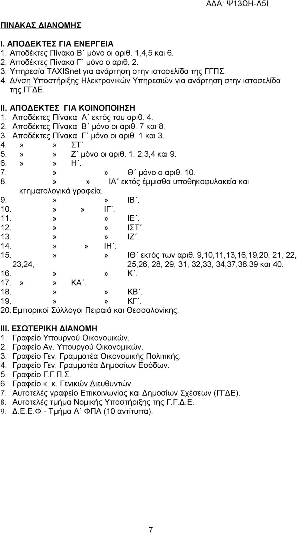 Αποδέκτες Πίνακα Γ μόνο οι αριθ. 1 και 3. 4.»» ΣΤ 5.»» Ζ μόνο οι αριθ. 1, 2,3,4 και 9. 6.»» Η. 7.»» Θ μόνο ο αριθ. 10. 8.»» ΙΑ εκτός έμμισθα υποθηκοφυλακεία και κτηματολογικά γραφεία. 9.»» ΙΒ. 10.»» ΙΓ.