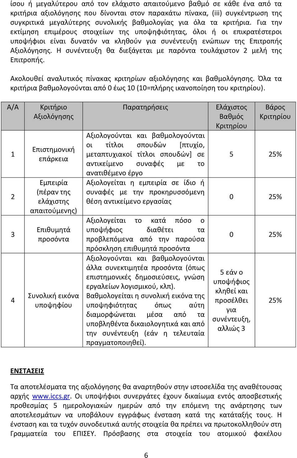 Η συνέντευξη θα διεξάγεται με παρόντα τουλάχιστον 2 μελή της Επιτροπής. Ακολουθεί αναλυτικός πίνακας κριτηρίων αξιολόγησης και βαθμολόγησης.