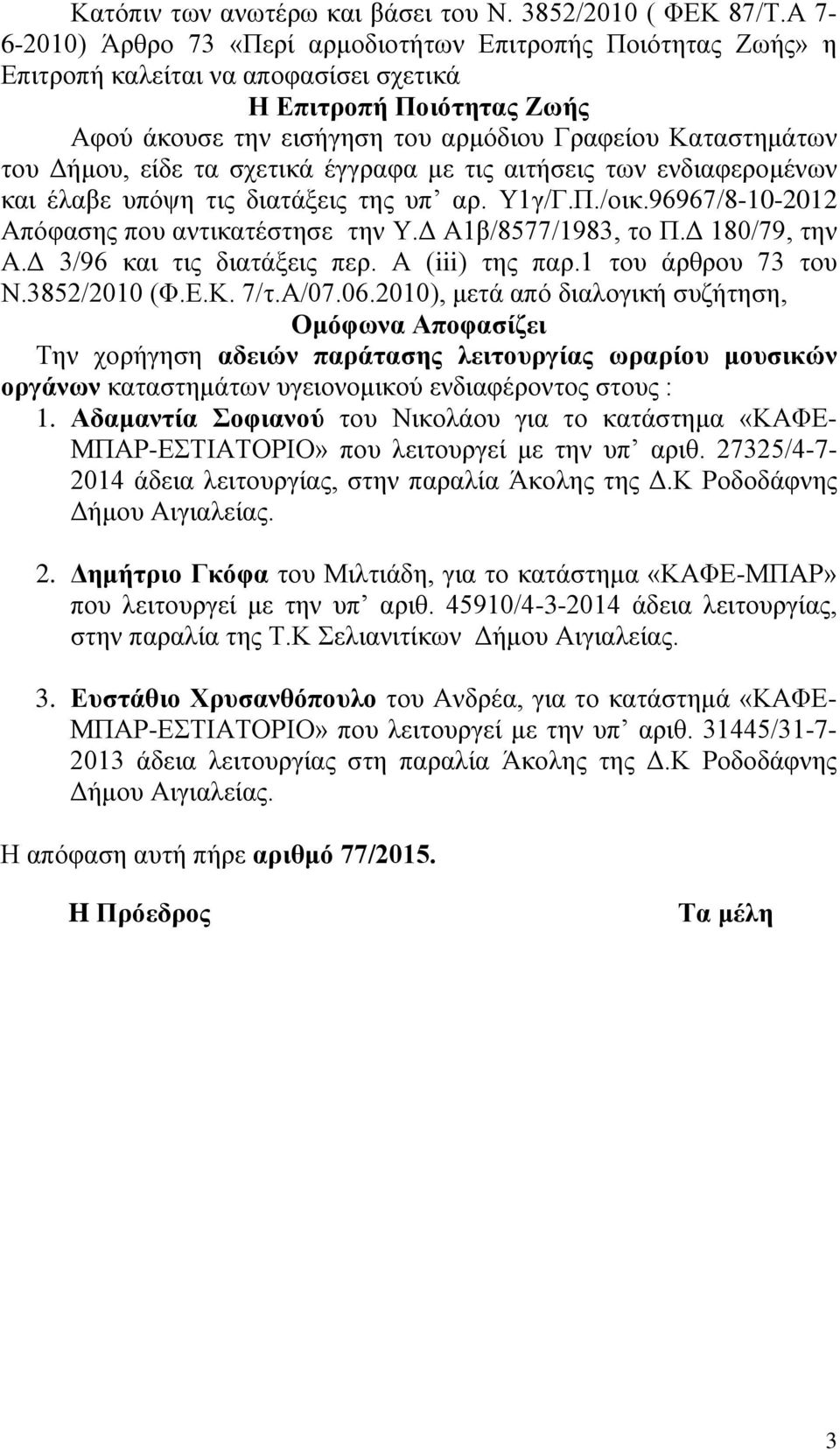 Δήμου, είδε τα σχετικά έγγραφα με τις αιτήσεις των ενδιαφερομένων και έλαβε υπόψη τις διατάξεις της υπ αρ. Υ1γ/Γ.Π./οικ.96967/8-10-2012 Απόφασης που αντικατέστησε την Υ.Δ Α1β/8577/1983, το Π.