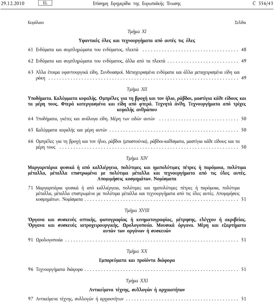 Μεταχειρισμένα ενδύματα και άλλα μεταχειρισμένα είδη και ράκη..................................................................... 49 Τμήμα XII Υποδήματα. Καλύμματα κεφαλής.