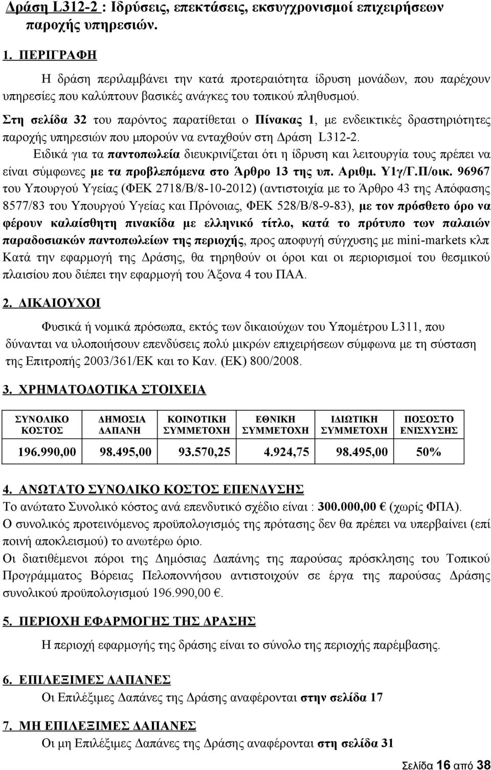 Στη σελίδα 32 του παρόντος παρατίθεται ο Πίνακας 1, με ενδεικτικές δραστηριότητες παροχής υπηρεσιών που μπορούν να ενταχθούν στη Δράση L312-2.