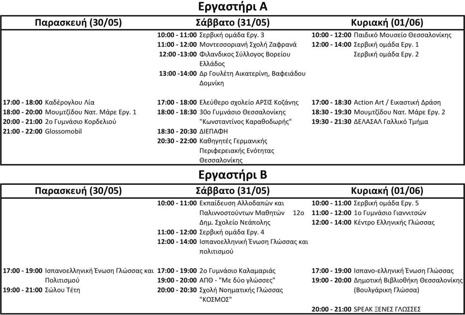 2 Ελλάδος 13:00-14:00 Δρ Γουλέτη Αικατερίνη, Βαφειάδου Δομνίκη 17:00-18:00 Καδέρογλου Λία 17:00-18:00 Ελεύθερο σχολείο ΑΡΣΙΣ Κοζάνης 17:00-18:30 Action Art / Eικαστική Δράση 18:00-20:00 Μουμτζίδου