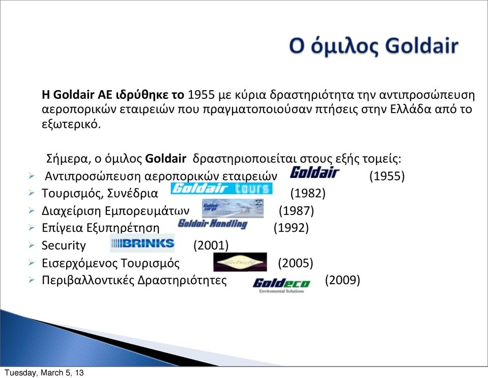 Σήμερα, ο όμιλος Goldair δραστηριοποιείται στους εξής τομείς: Ø Αντιπροσώπευση αεροπορικών εταιρειών (1955) Ø