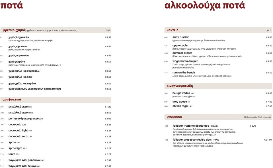 50 10 χυμός μήλο και καρότο 3.50 07 χυμός κόκκινου γκρέιπφρουτ και πορτοκάλι 3.50 αναψυκτικά 701 μεταλλικό νερό 50cl 1.25 444 salty russian 6.