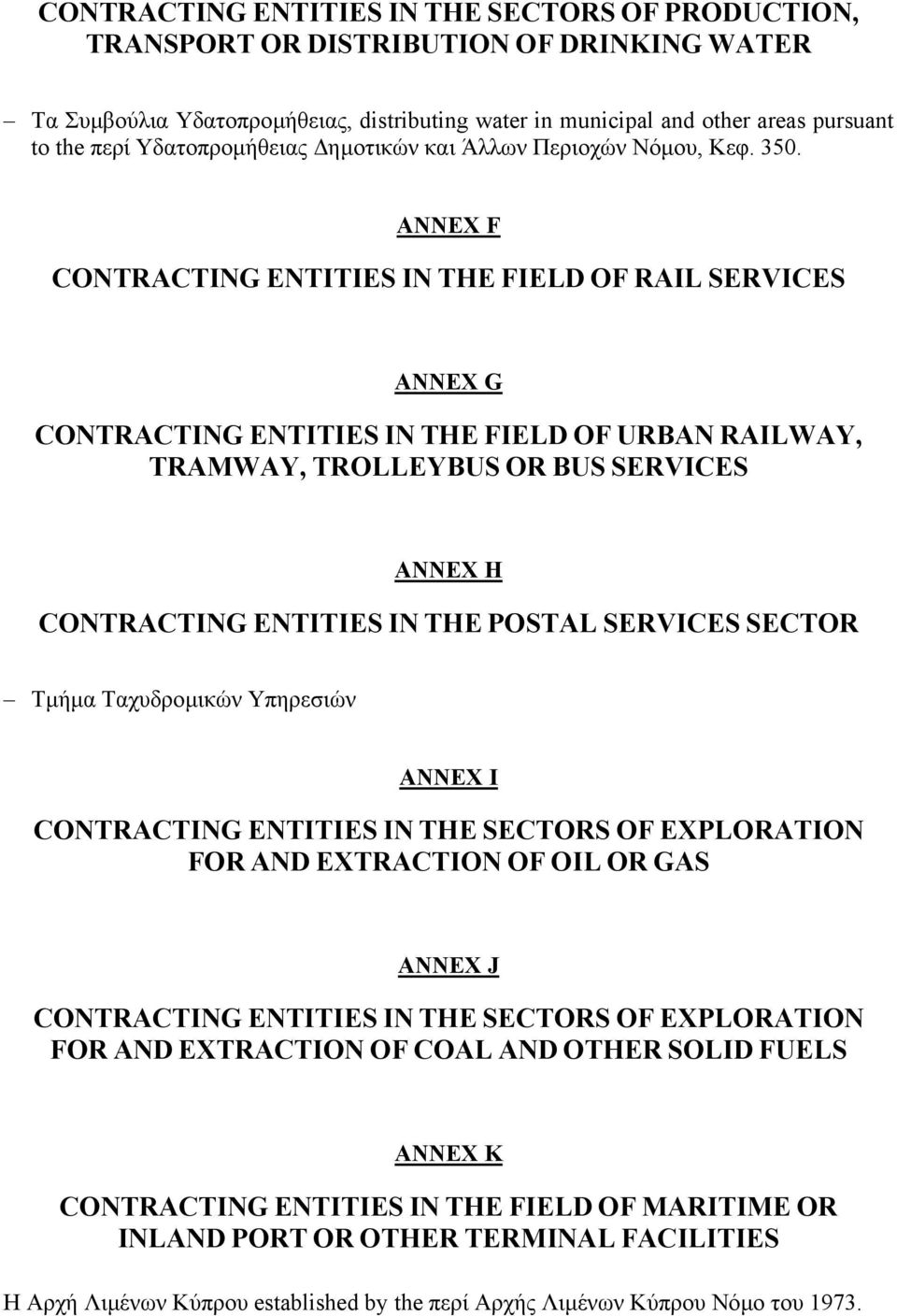ANNEX F CONTRACTING ENTITIES IN THE FIELD OF RAIL SERVICES ANNEX G CONTRACTING ENTITIES IN THE FIELD OF URBAN RAILWAY, TRAMWAY, TROLLEYBUS OR BUS SERVICES ANNEX H CONTRACTING ENTITIES IN THE POSTAL