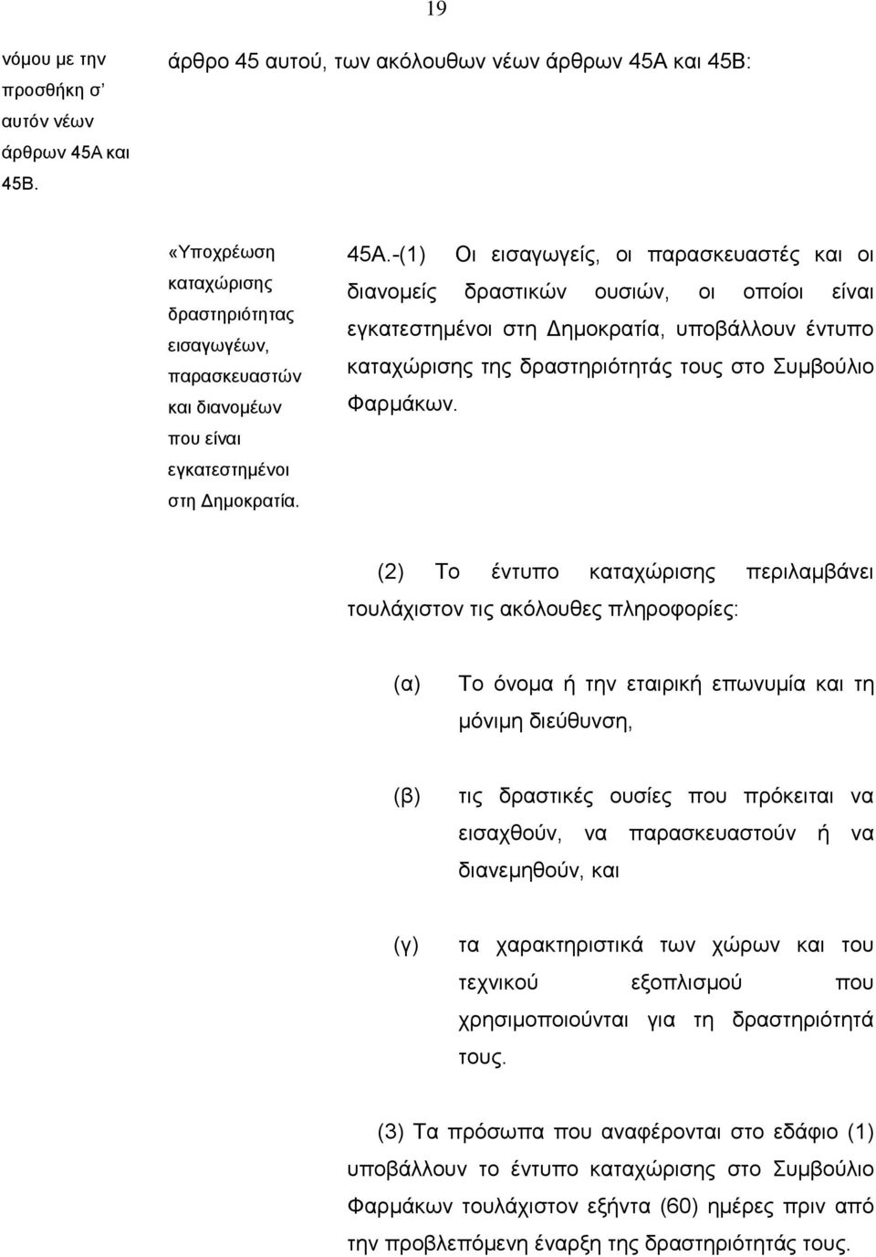 και 45Β: «Υποχρέωση καταχώρισης δραστηριότητας εισαγωγέων, παρασκευαστών και διανομέων που είναι εγκατεστημένοι στη Δημοκρατία. 45Α.