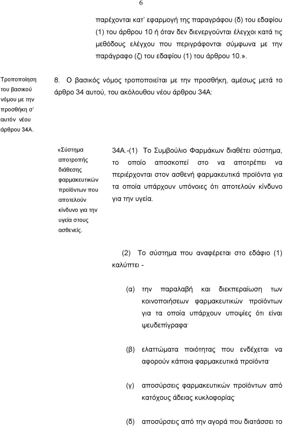 Ο βασικός νόμος τροποποιείται με την προσθήκη, αμέσως μετά το άρθρο 34 αυτού, του ακόλουθου νέου άρθρου 34Α: «Σύστημα αποτροπής διάθεσης φαρμακευτικών προϊόντων που αποτελούν κίνδυνο για την υγεία