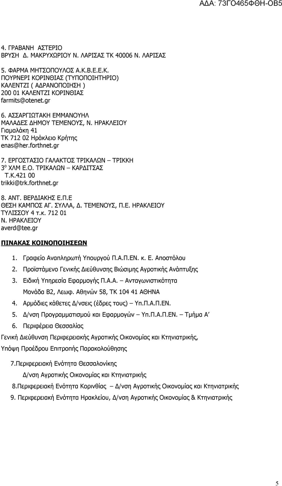 Κ.421 00 trikki@trk.forthnet.gr 8. ΑΝΤ. ΒΕΡΔΙΑΚΗΣ Ε.Π.Ε ΘΕΣΗ ΚΑΜΠΟΣ ΑΓ. ΣΥΛΛΑ, Δ. ΤΕΜΕΝΟΥΣ, Π.Ε. ΗΡΑΚΛΕΙΟΥ ΤΥΛΙΣΣΟΥ 4 τ.κ. 712 01 Ν. ΗΡΑΚΛΕΙΟΥ averd@tee.gr ΠΙΝΑΚΑΣ ΚΟΙΝΟΠΟΙΗΣΕΩΝ 1.