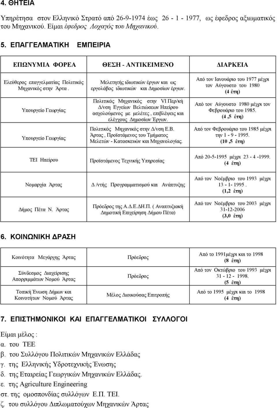 Υπουργείο Γεωργίας Υπουργείο Γεωργίας Μελετητής ιδιωτικών έργων και ως εργολάβος ιδιωτικών και ηµοσίων έργων.