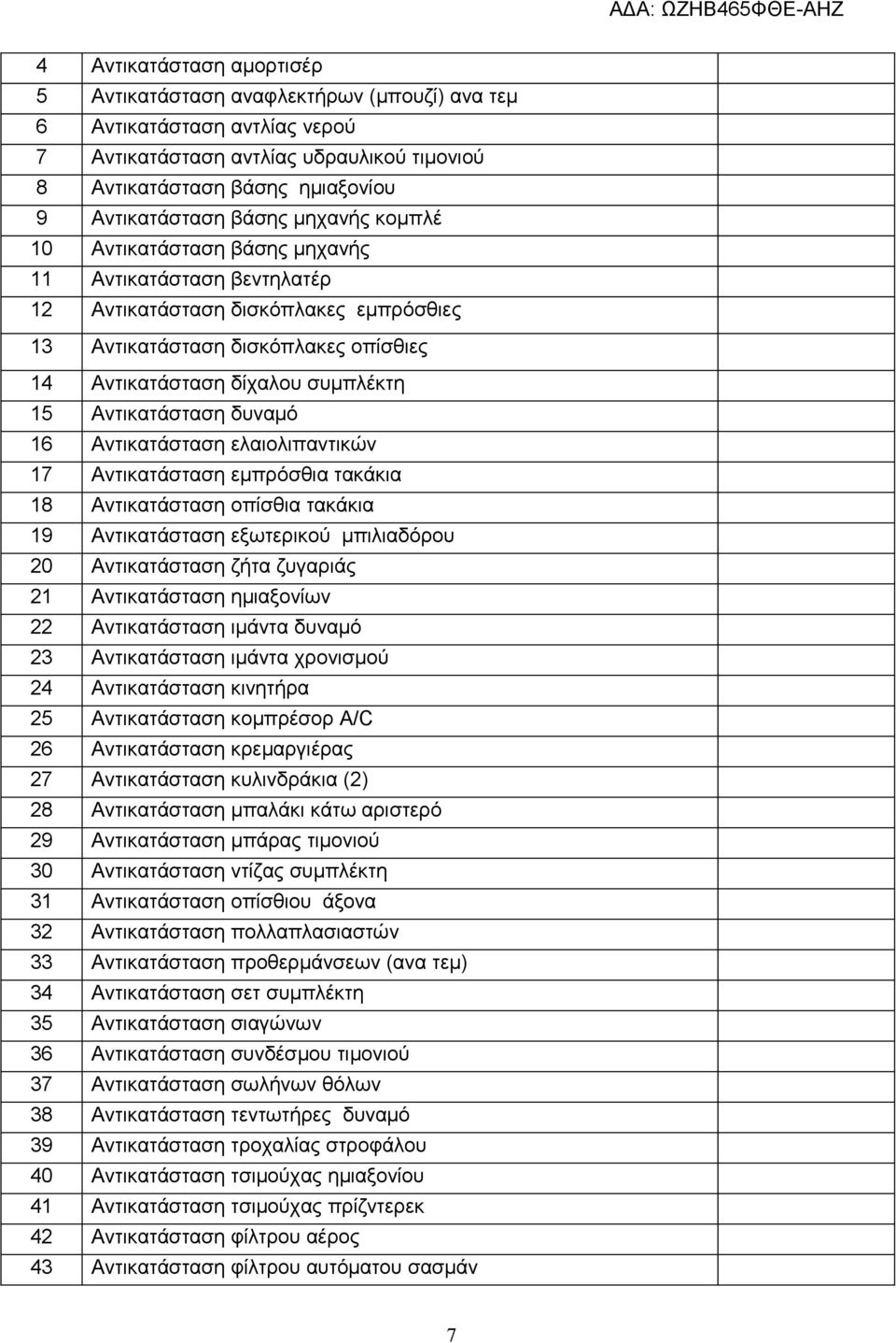 Αντικατάσταση δυναμό 16 Αντικατάσταση ελαιολιπαντικών 17 Αντικατάσταση εμπρόσθια τακάκια 18 Αντικατάσταση οπίσθια τακάκια 19 Αντικατάσταση εξωτερικού μπιλιαδόρου 20 Αντικατάσταση ζήτα ζυγαριάς 21