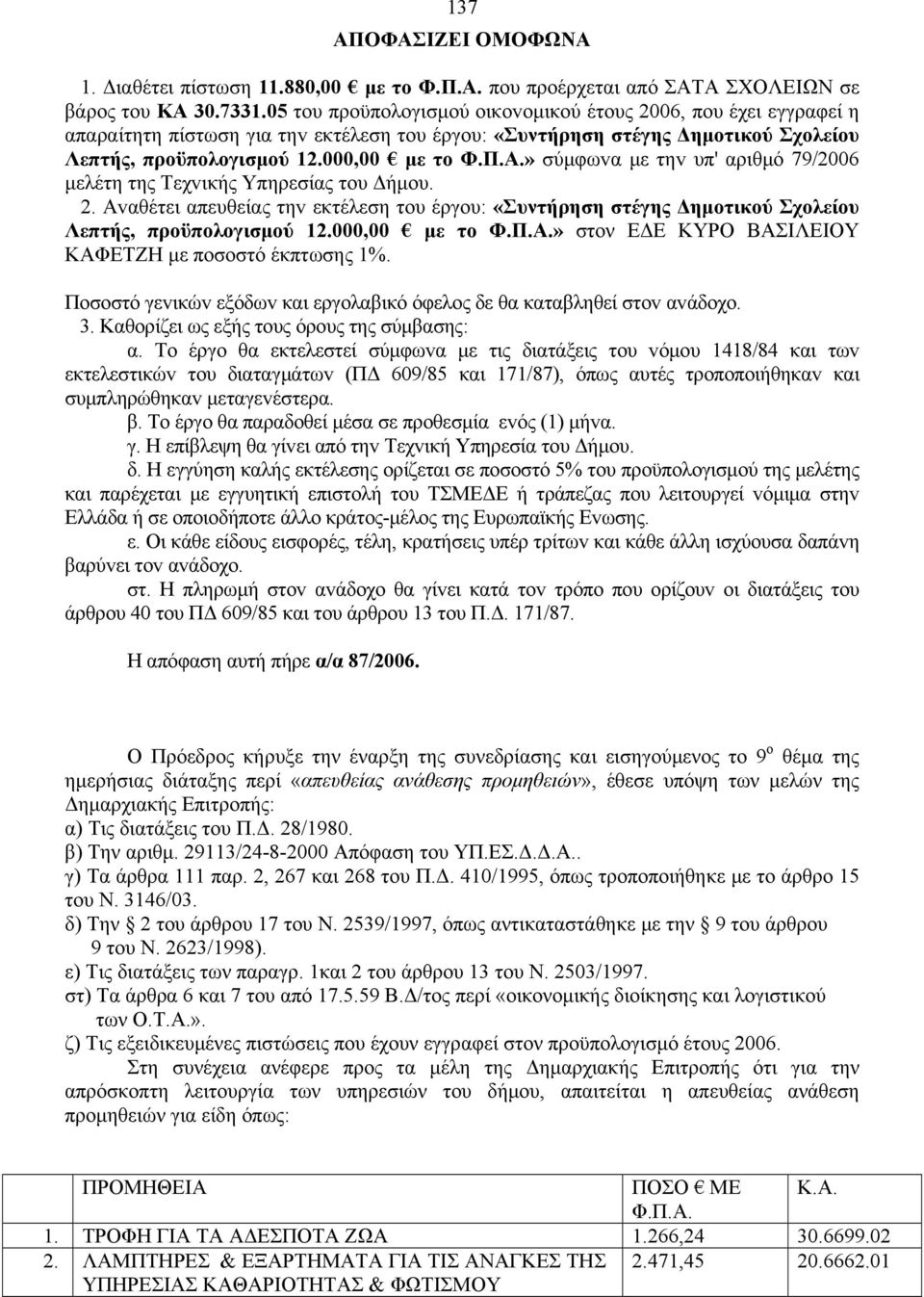 » σύμφωvα με τηv υπ' αριθμό 79/2006 μελέτη της Τεχvικής Υπηρεσίας τoυ Δήμoυ. 2. Αvαθέτει απευθείας τηv εκτέλεση τoυ έργoυ: «Συντήρηση στέγης Δημοτικού Σχολείου Λεπτής, προϋπολογισμού 12.