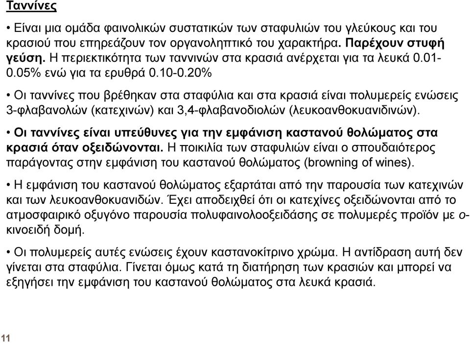 20% Οι ταννίνες που βρέθηκαν στα σταφύλια και στα κρασιά είναι πολυµερείς ενώσεις 3-φλαβανολών (κατεχινών) και 3,4-φλαβανοδιολών (λευκοανθοκυανιδινών).