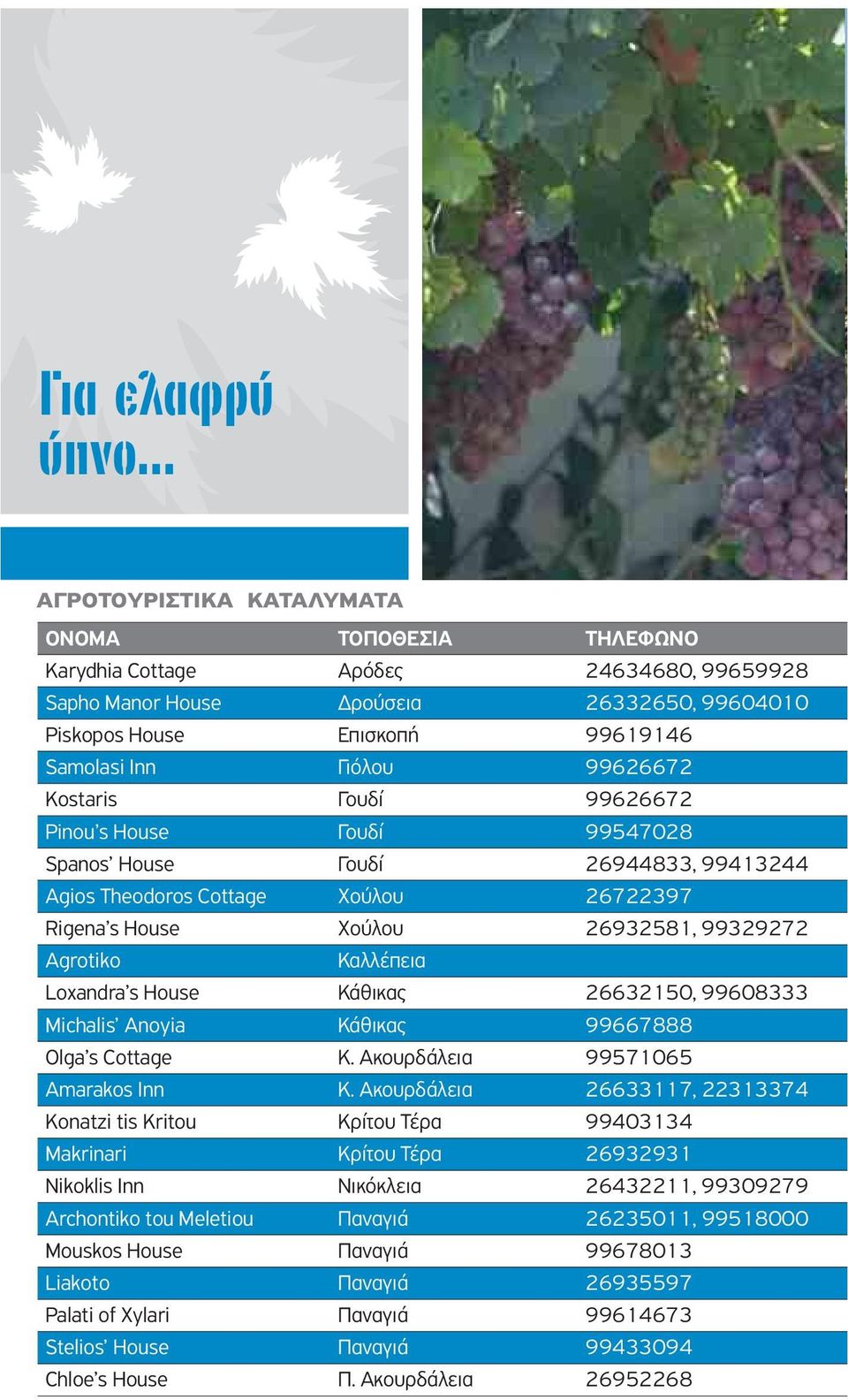 99626672 Kostaris Γουδί 99626672 Pinou s House Γουδί 99547028 Spanos House Γουδί 26944833, 99413244 Agios Theodoros Cottage Χούλου 26722397 Rigena s House Χούλου 26932581, 99329272 Agrotiko Καλλέπεια