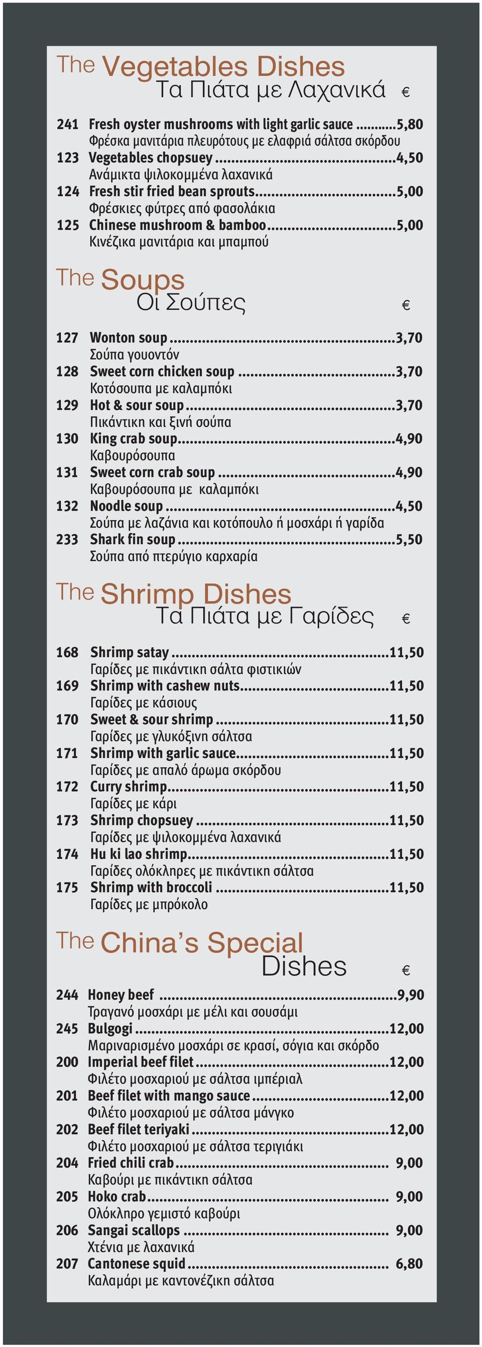 ..5,00 Kινέζικα μανιτάρια και μπαμπού The Soups Tα Πιάτα με Λαχανικά Οι Σούπες 127 Wonton soup...3,70 Σούπα γουοντόν 128 Sweet corn chicken soup...3,70 Kοτόσουπα με καλαμπόκι 129 Hot & sour soup.