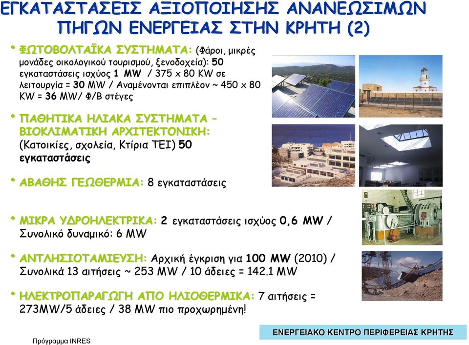 (Κατοικίες, σχολεία, Κτίρια ΤΕΙ) 50 εγκαταστάσεις ΑΒΑΘΗΣ ΓΕΩΘΕΡΜΙΑ: 8 εγκαταστάσεις ΜΙΚΡΑ ΥΔΡΟΗΛΕΚΤΡΙΚΑ: 2 εγκαταστάσεις ισχύος 0,6 MW / Συνολικό δυναμικό: 6 MW