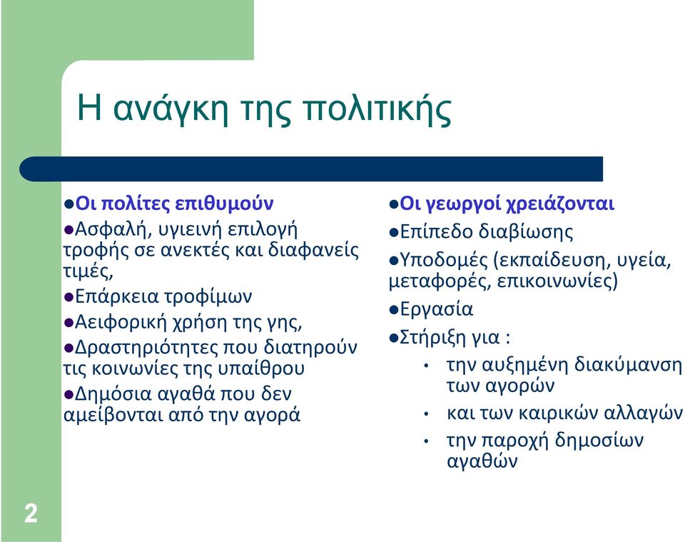 που δεν αμείβονται από την αγορά Οι γεωργοί χρειάζονται Επίπεδο διαβίωσης Υποδομές (εκπαίδευση, υγεία, μεταφορές,