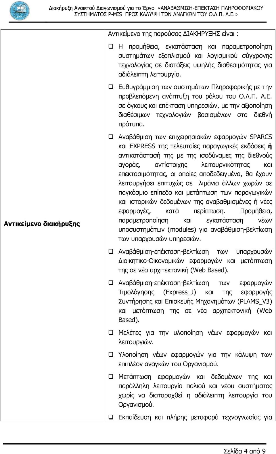 Αντικείμενο διακήρυξης Αναβάθμιση των επιχειρησιακών εφαρμογών SPARCS και EXPRESS της τελευταίες παραγωγικές εκδόσεις ή αντικατάστασή της με της ισοδύναμες της διεθνούς αγοράς, αντίστοιχης