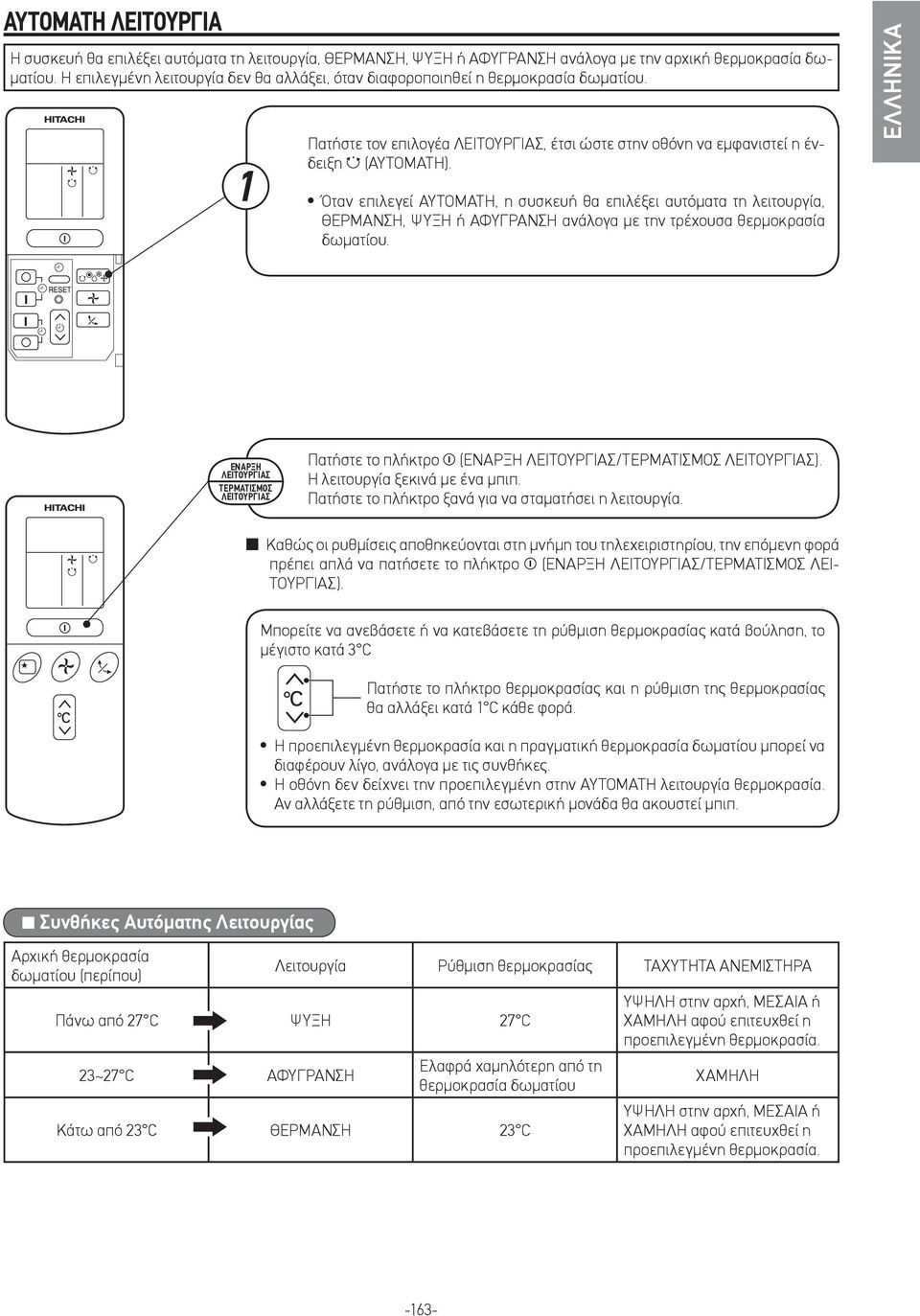Όταν επιλεγεί ΑΥΤΟΜΑΤΗ, η συσκευή θα επιλέξει αυτόματα τη λειτουργία, ΘΕΡΜΑΝΣΗ, ΨΥΞΗ ή ΑΦΥΓΡΑΝΣΗ ανάλογα με την τρέχουσα θερμοκρασία δωματίου.