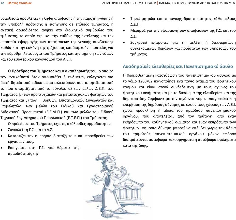 ευθύνη της τρέχουσας και διαρκούς εποπτείας για την εύρυθμη λειτουργία του Τμήματος και την τήρηση των νόμων και του εσωτερικού κανονισμού του Α.Ε.Ι.