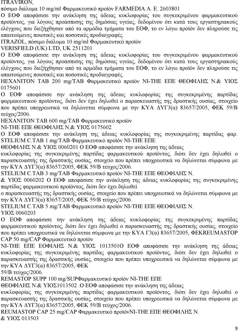 διεξήχθησαν από τα αρμόδια τμήματα του ΕΟΦ, το εν λόγω προϊόν δεν πληρούσε τις απαιτούμενες ποιοτικές και ποσοτικές προδιαγραφές.