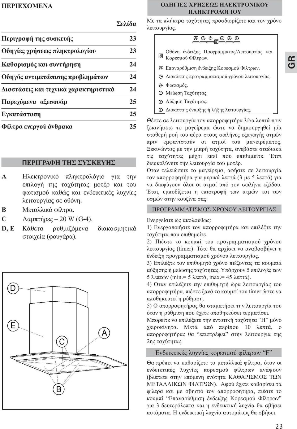 σε οθόνη. B Μεταλλικά φίλτρα. C Λαµπτήρες 20 W (G-4). D, E Κάθετα ρυθµιζόµενα διακοσµητικά στοιχεία (φουγάρα).