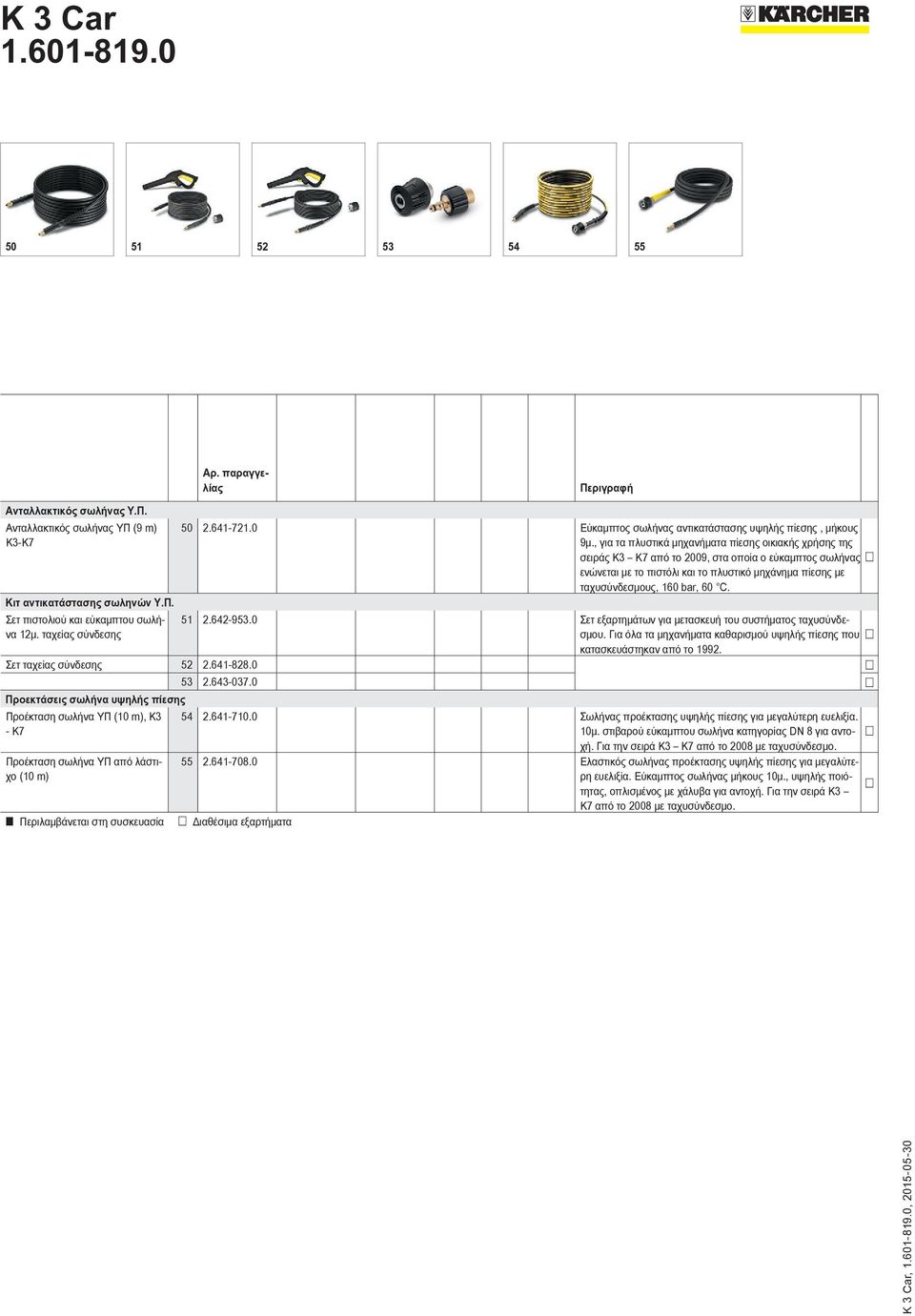 , για τα πλυστικά μηχανήματα πίεσης οικιακής χρήσης της σειράς K3 K7 από το 2009, στα οποία ο εύκαμπτος σωλήνας ενώνεται με το πιστόλι και το πλυστικό μηχάνημα πίεσης με ταχυσύνδεσμους, 160 bar, 60 C.