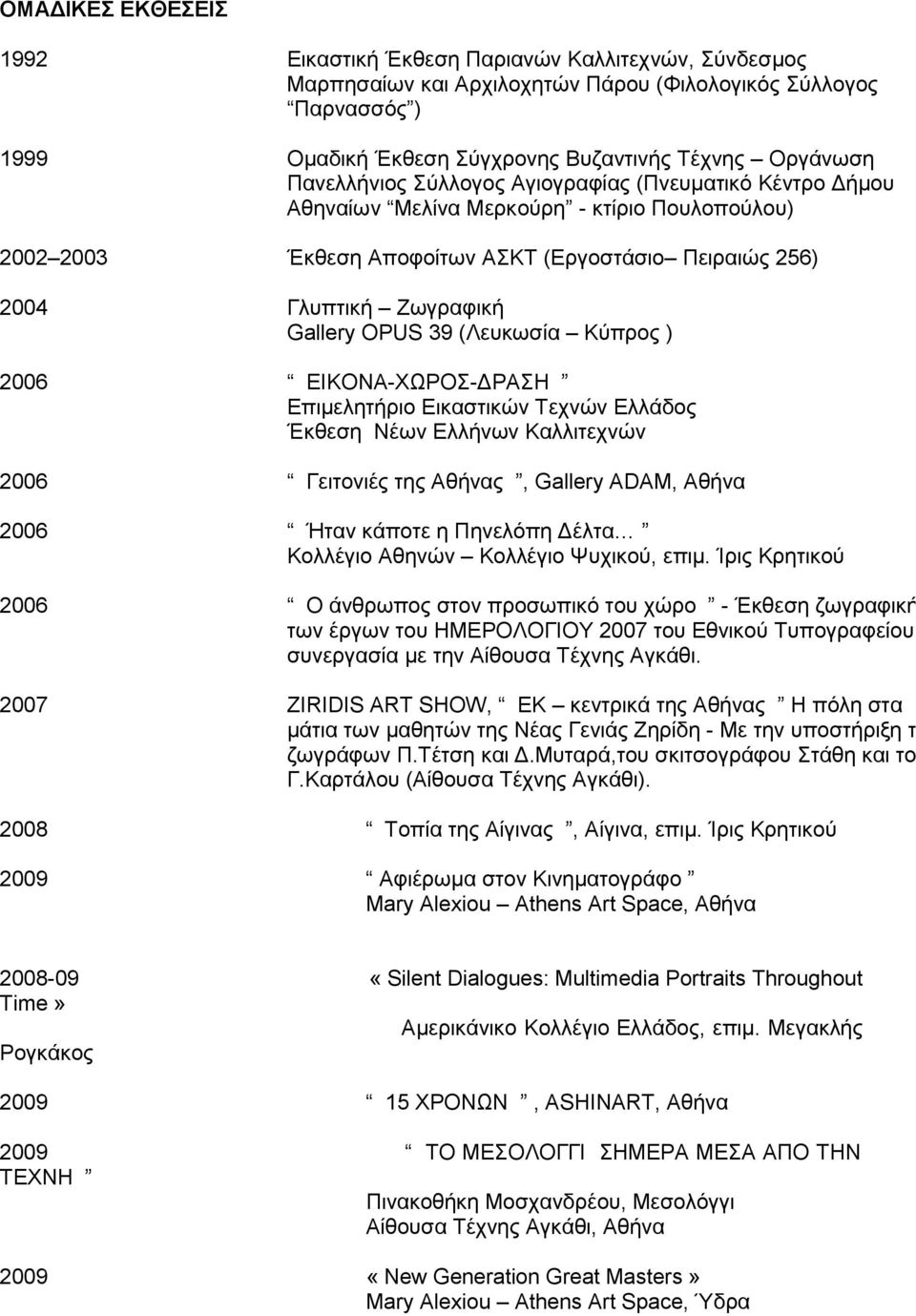 39 (Λευκωσία Κύπρος ) 2006 ΕΙΚΟΝΑ-ΧΩΡΟΣ-ΔΡΑΣΗ Επιμελητήριο Εικαστικών Τεχνών Ελλάδος Έκθεση Νέων Ελλήνων Καλλιτεχνών 2006 Γειτονιές της Αθήνας, Gallery ADAM, Αθήνα 2006 Ήταν κάποτε η Πηνελόπη Δέλτα