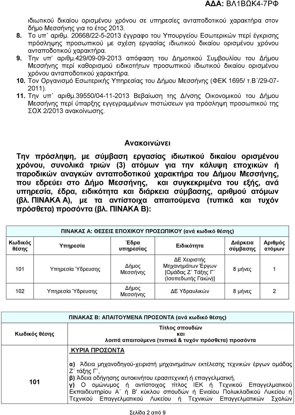 429/09-09-2013 απόφαση του Δημοτικού Συμβουλίου του Δήμου Μεσσήνης περί καθορισμού ειδικοτήτων προσωπικού ιδιωτικού δικαίου ορισμένου χρόνου ανταποδοτικού χαρακτήρα. 10.