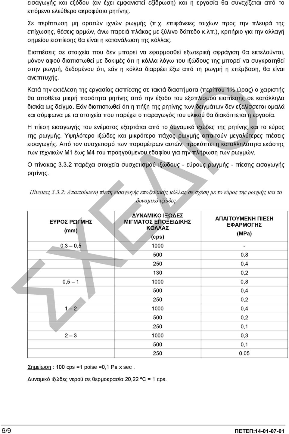 Εισπιέσεις σε στοιχεία που δεν µπορεί να εφαρµοσθεί εξωτερική σφράγιση θα εκτελούνται, µόνον αφού διαπιστωθεί µε δοκιµές ότι η κόλλα λόγω του ιξώδους της µπορεί να συγκρατηθεί στην ρωγµή, δεδοµένου