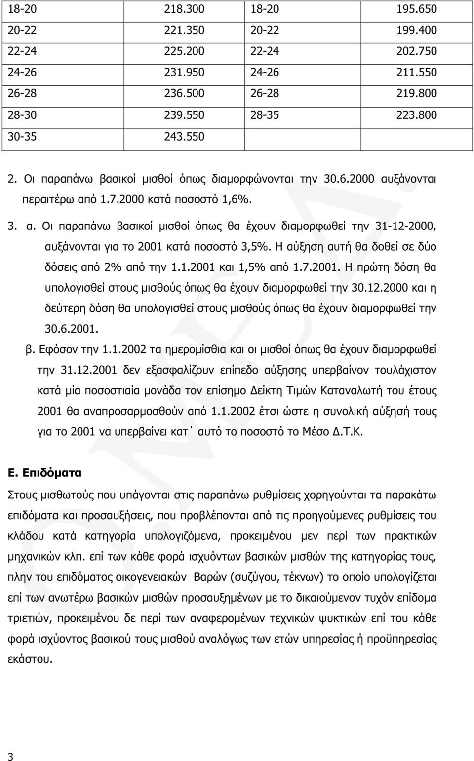 Η αύξηση αυτή θα δοθεί σε δύο δόσεις από 2% από την 1.1.2001 και 1,5% από 1.7.2001. Η πρώτη δόση θα υπολογισθεί στους µισθούς όπως θα έχουν διαµορφωθεί την 30.12.