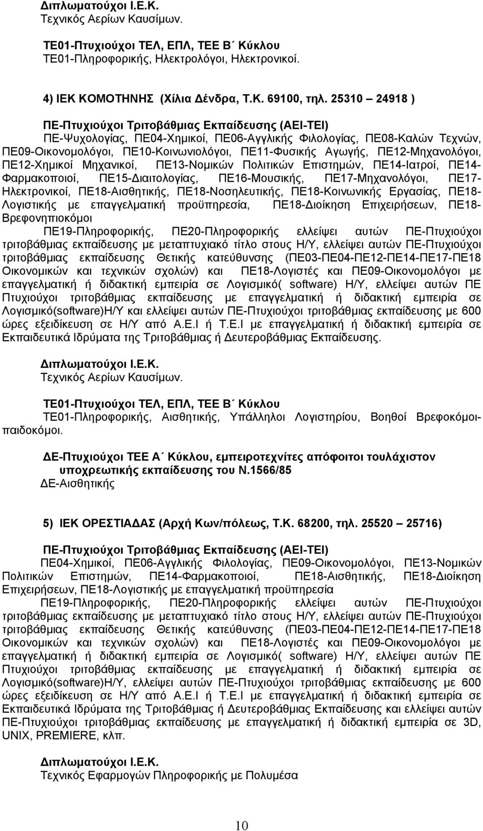 ΠΕ13-Νομικών Πολιτικών Επιστημών, ΠΕ14-Ιατροί, ΠΕ14- Φαρμακοποιοί, ΠΕ15-Διαιτολογίας, ΠΕ16-Μουσικής, ΠΕ17-Μηχανολόγοι, ΠΕ17- Ηλεκτρονικοί, ΠΕ18-Αισθητικής, ΠΕ18-Νοσηλευτικής, ΠΕ18-Κοινωνικής