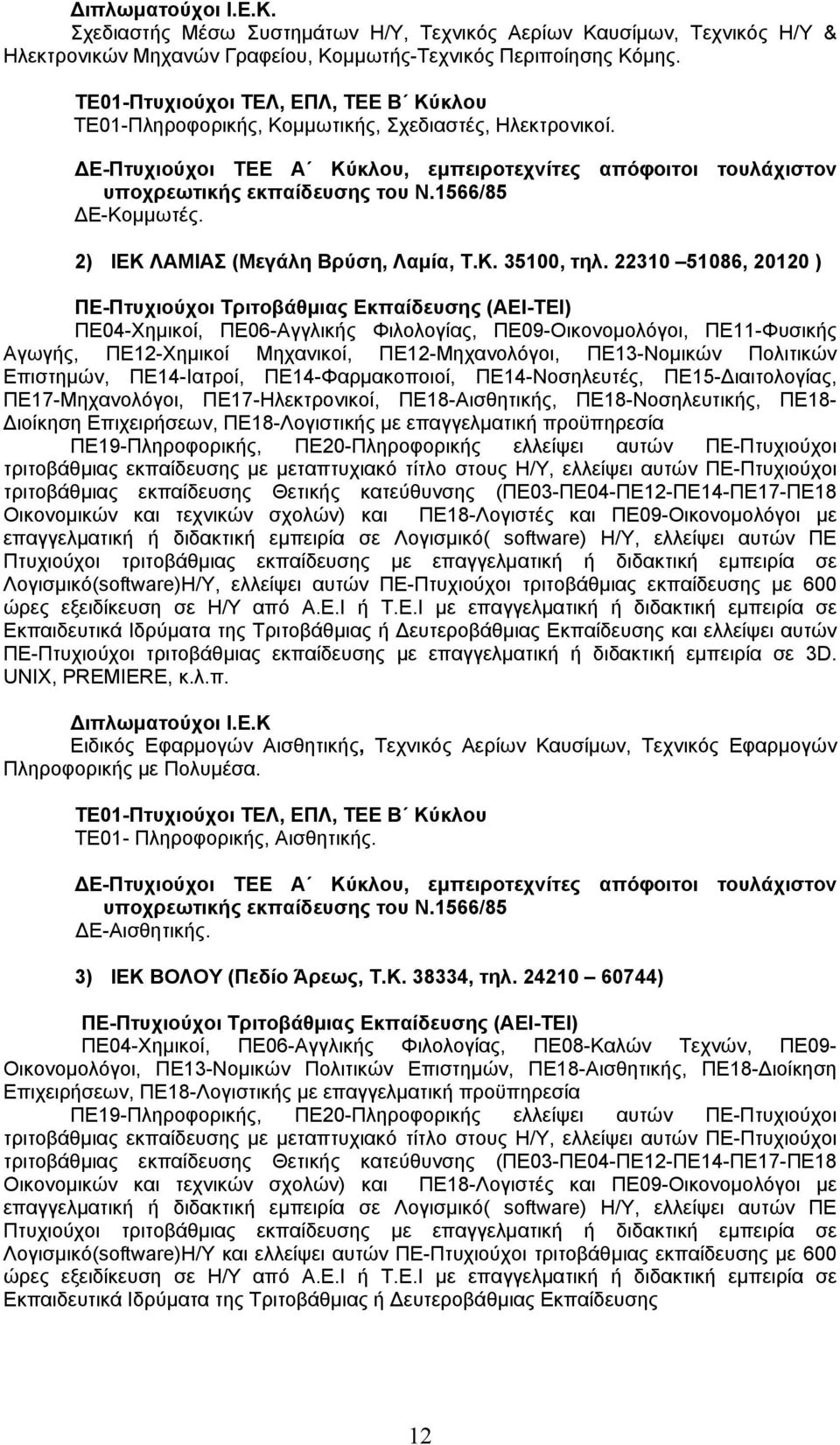 22310 51086, 20120 ) ΠΕ04-Χημικοί, ΠΕ06-Αγγλικής Φιλολογίας, ΠΕ09-Οικονομολόγοι, ΠΕ11-Φυσικής Αγωγής, ΠΕ12-Χημικοί Μηχανικοί, ΠΕ12-Μηχανολόγοι, ΠΕ13-Νομικών Πολιτικών Επιστημών, ΠΕ14-Ιατροί,