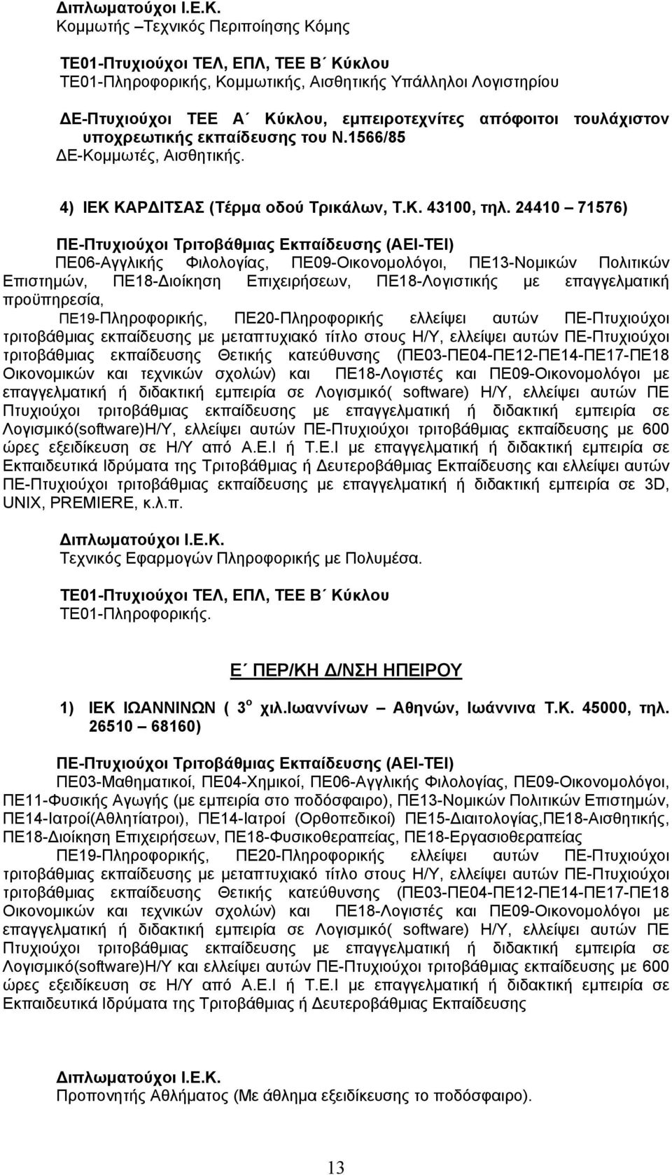 ΤΕ01-Πληροφορικής. Ε ΠΕΡ/ΚΗ Δ/ΝΣΗ ΗΠΕΙΡΟΥ 1) ΙΕΚ ΙΩΑΝΝΙΝΩΝ ( 3 ο χιλ.ιωαννίνων Αθηνών, Ιωάννινα Τ.Κ. 45000, τηλ.